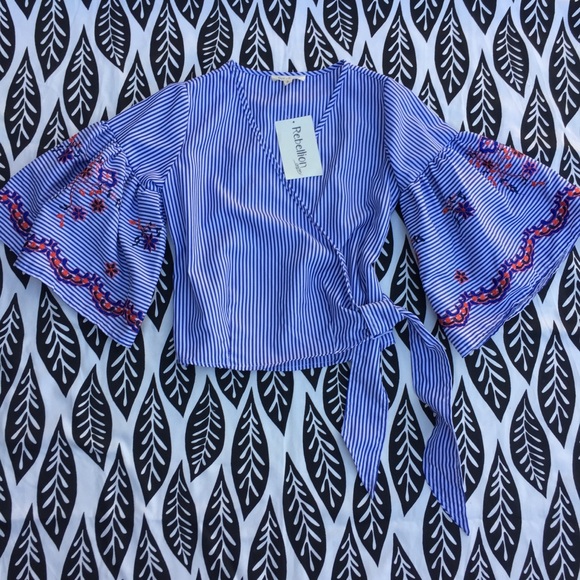 Embroidered Stripe Wrap Top - Picture 6 of 6